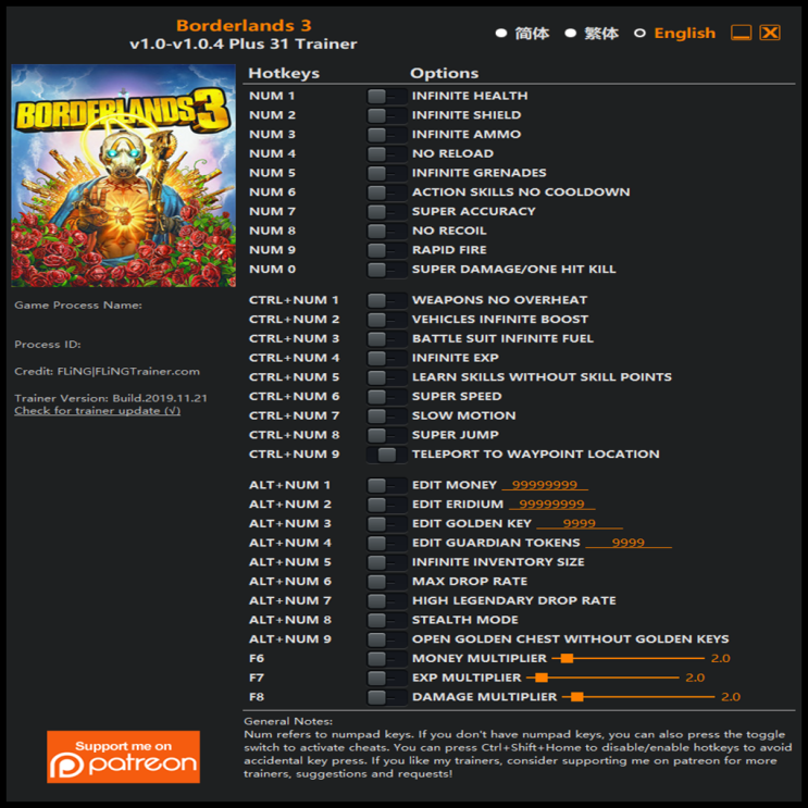  191122 보더랜드 3 트레이너 (Borderlands 3 Trainer v1.0-v1.0.4 +31)