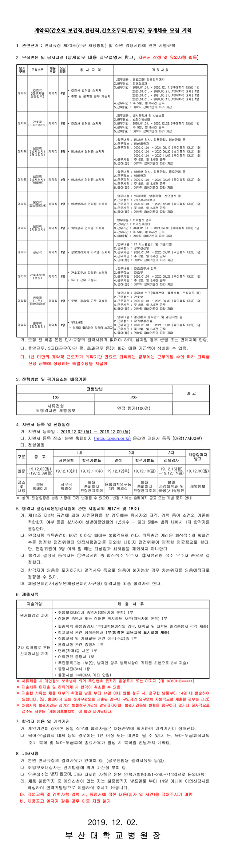  [채용][부산대학교병원] 계약직(간호직,보건직,전산직,간호조무직,원무직) 블라인드 채용 모집 공고