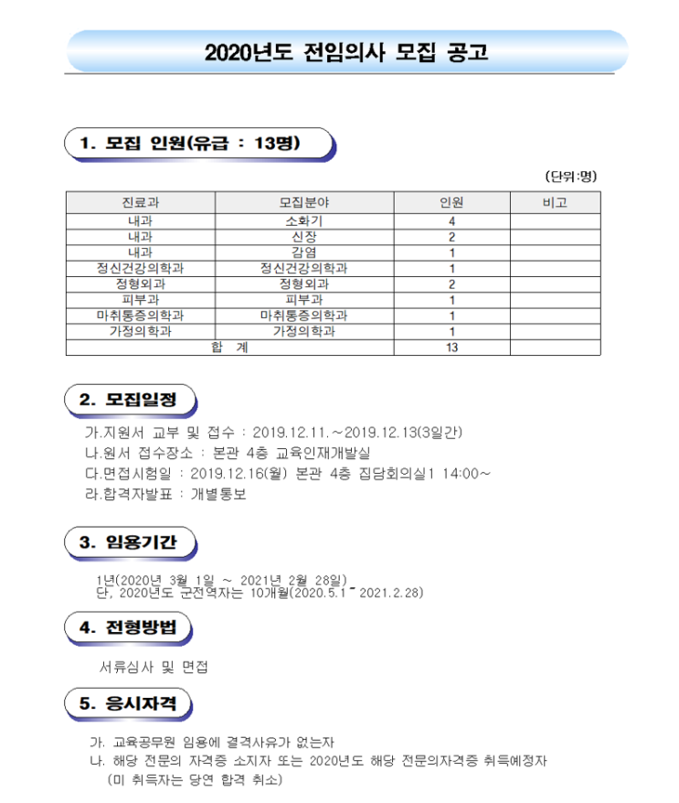  [채용][충북대학교병원] 2020년도 전임의 모집 공고