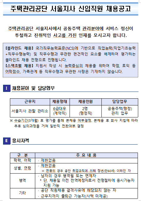  [채용][주택관리공단] 서울지사 신입사원 채용공고(긴급-행정직)