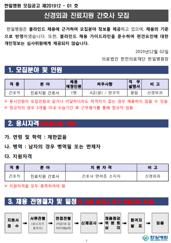  [채용][의료법인 한전의료재단 한일병원] 신경외과 진료지원 간호사 모집