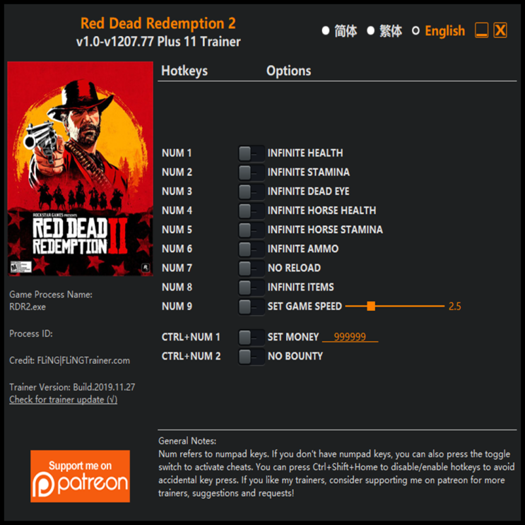  191128 레드 데드 리뎀션 2 트레이너 (Red Dead Redemption 2 Trainer v1.0-v1207.77 +11)3DM