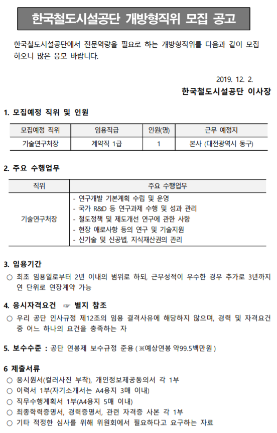  [채용][한국철도시설공단] 개방형직위 모집공고