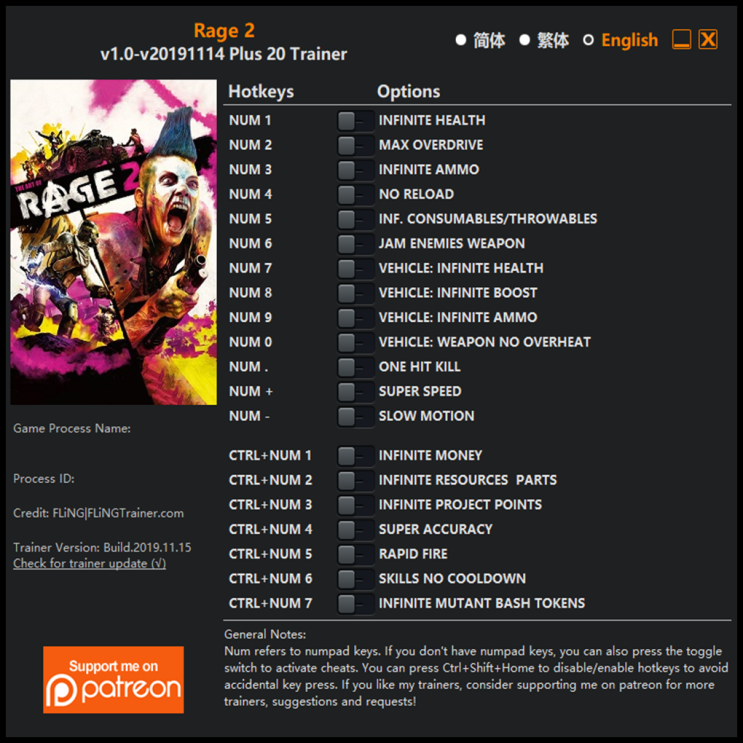  191116 레이지 2 트레이너 (Rage 2 Trainer v1.0 +20)3DM