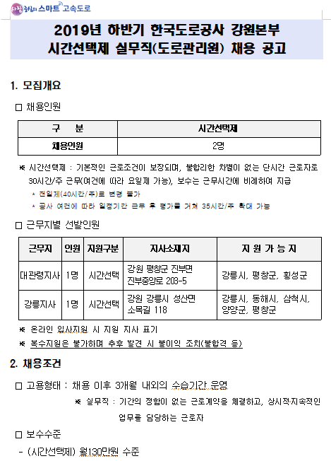  [채용][한국도로공사] 2019년 시간선택제 실무직(도로관리원) 채용 공고(수도권본부/강원본부/충북본부/대전충남본부/전북본부/광주전남본부/대구경북본부/부산경남본부)