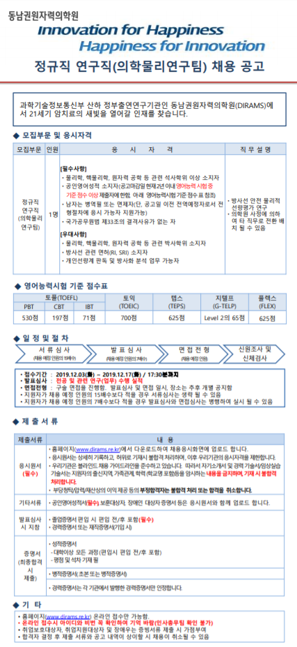  [채용][동남권원자력의학원] 정규직 연구직(의학물리연구팀) 채용