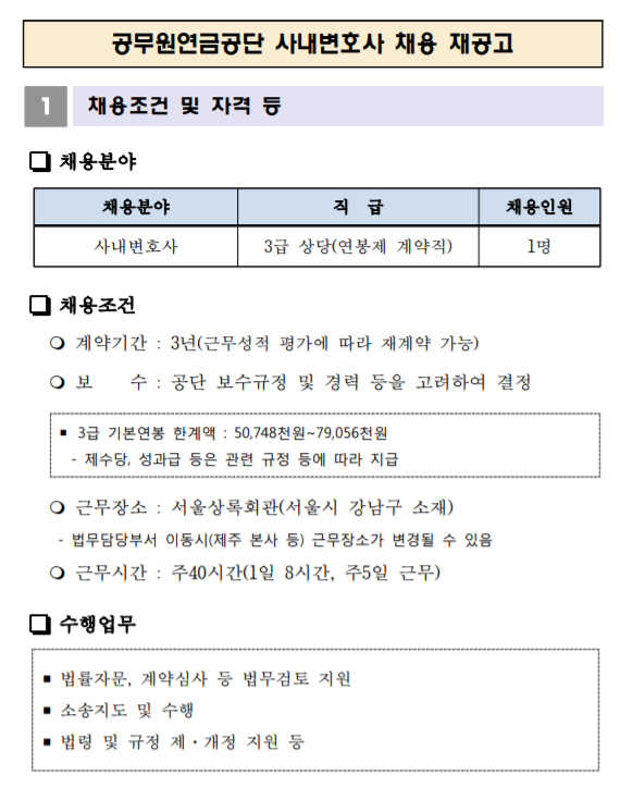  [채용][공무원연금공단] 사내변호사 채용 재공고