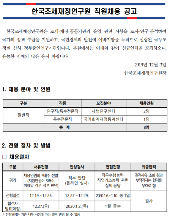  [채용][한국조세재정연구원] 직원채용 공고