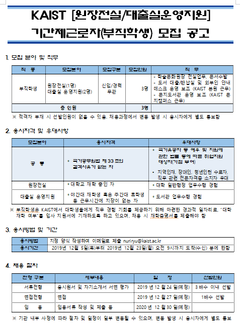  [채용][한국과학기술원] KAIST [원장전실/대출실운영지원] 기간제근로자(부직학생) 모집 공고