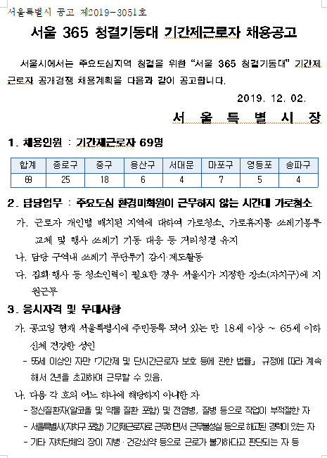  [채용][서울특별시] 2020년 서울 365 청결기동대 기간제근로자 채용공고