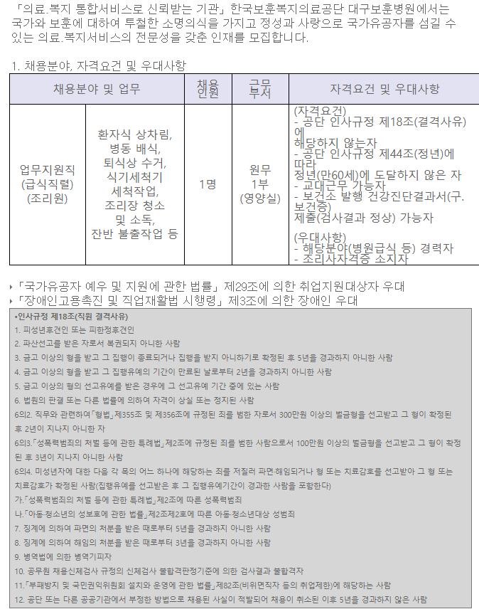  [채용][한국보훈복지의료공단] [대구보훈병원] 무기계약직 업무지원직[급식직렬-조리원] 공개채용