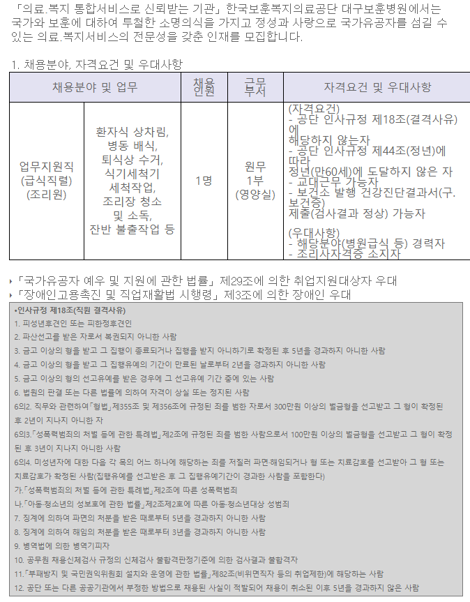 [채용][한국보훈복지의료공단] [대구보훈병원] 무기계약직 업무지원직[급식직렬-조리원] 공개채용