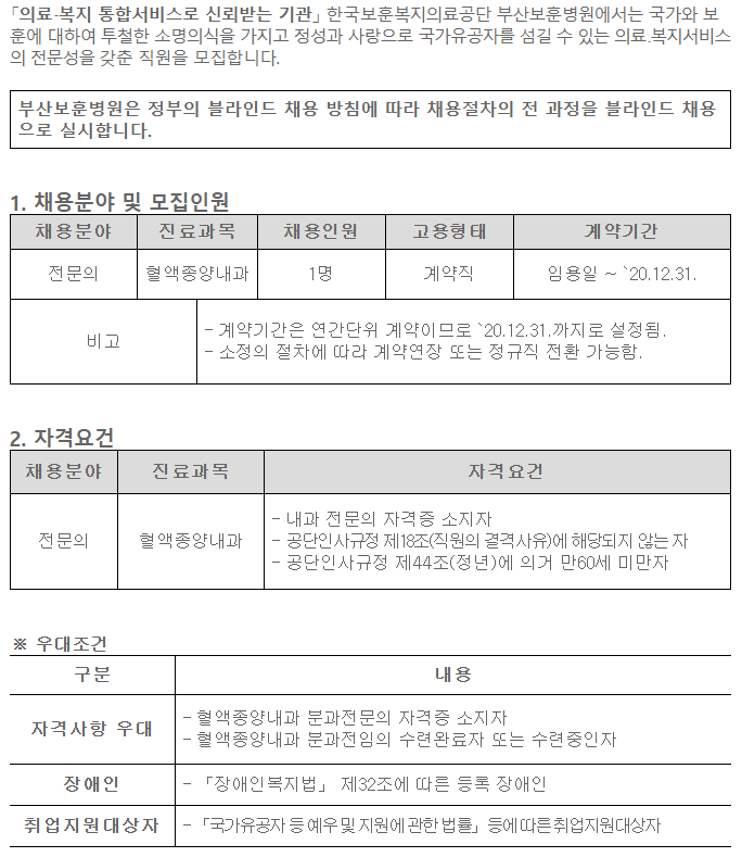  [채용][한국보훈복지의료공단] [부산보훈병원] 혈액종양내과 전문의 공개채용 재공고