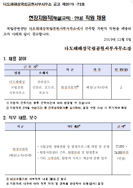  [채용][국립공원공단] [다도해서부] 2019년 현장지원직[해설(교육)·안내] 채용공고