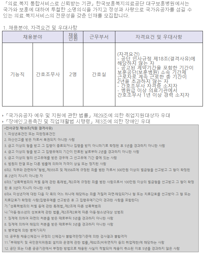  [채용][한국보훈복지의료공단] [대구보훈병원] 계약직 간호조무사 공개채용