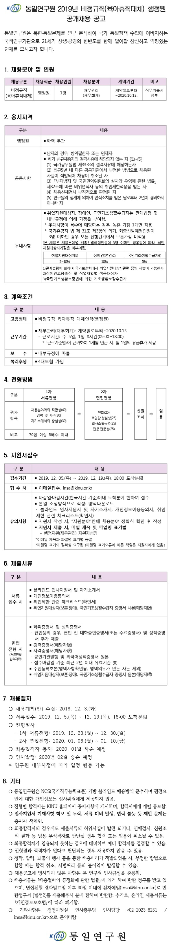 [채용][통일연구원] 2019년 비정규직(육아휴직대체) 행정원 공개채용 공고