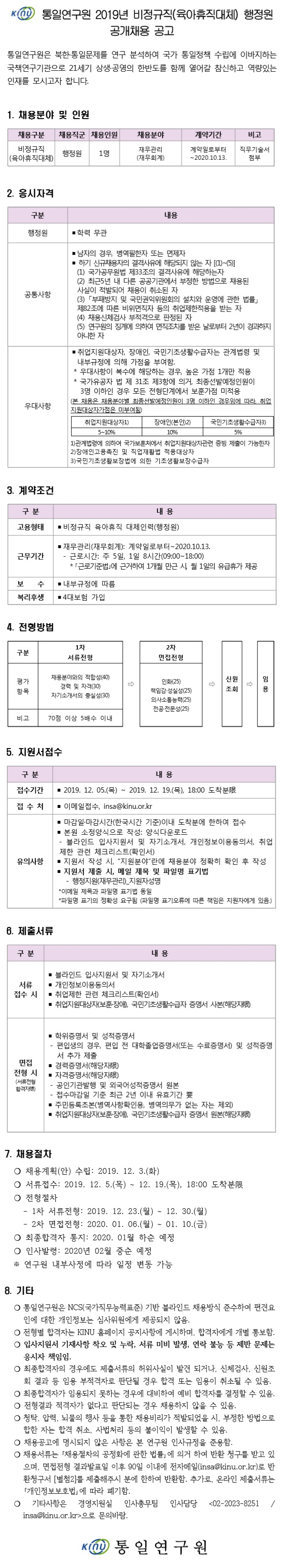  [채용][통일연구원] 2019년 비정규직(육아휴직대체) 행정원 공개채용 공고