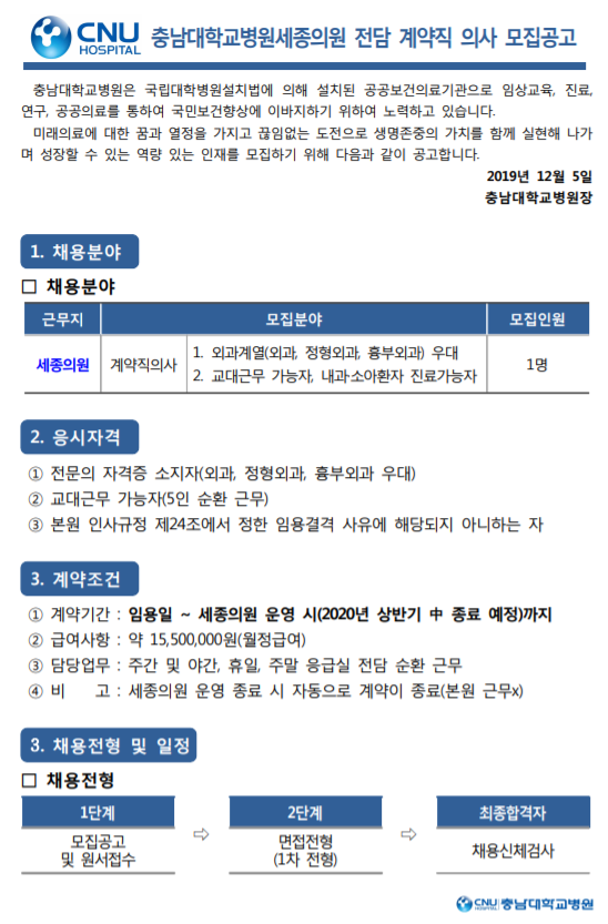  [채용][충남대학교병원] 의사직 채용 모집공고 [ 채용분야 : 세종의원 전문계약직 ]