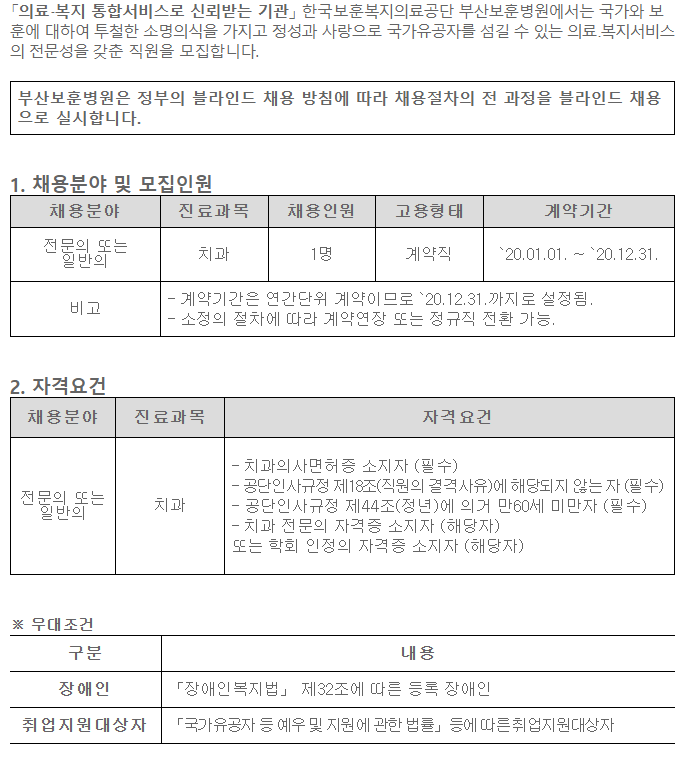  [채용][한국보훈복지의료공단] [부산보훈병원] 치과의사(전문의, 일반의) 공개채용