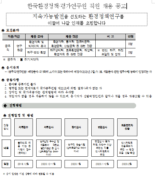 [채용][한국환경정책평가연구원] 2019년 제4차 인력채용(공무직/연구원) 공고