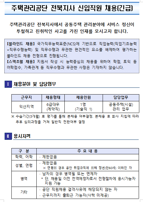 [채용][주택관리공단] 전북지사(익산권) 신입직원(기술) 채용 공고