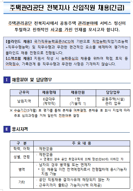 [채용][주택관리공단] 전북지사(남원권) 신입직원(기술) 채용공고