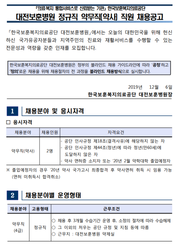 [채용][한국보훈복지의료공단] [대전보훈병원] 정규직 약무직(약사) 공개채용