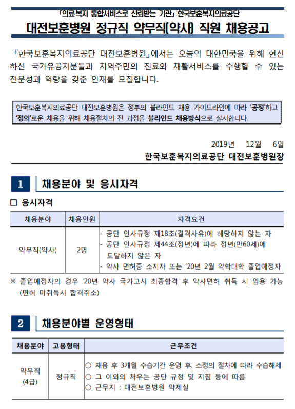  [채용][한국보훈복지의료공단] [대전보훈병원] 정규직 약무직(약사) 공개채용