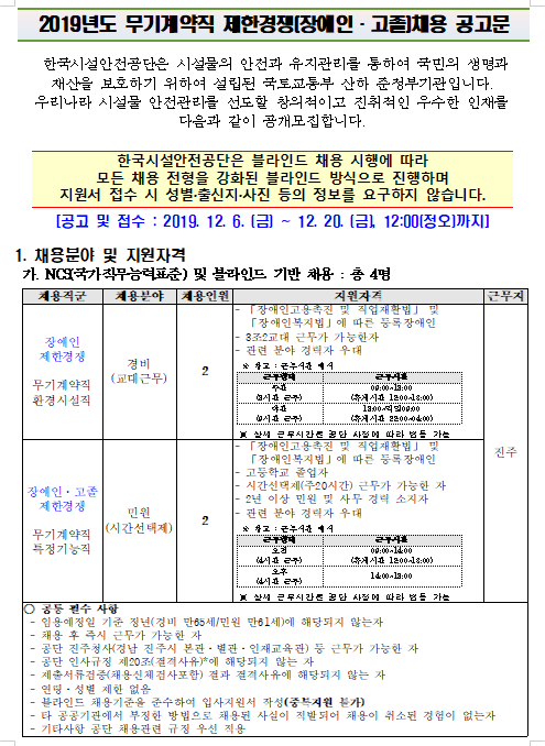  [채용][한국시설안전공단] 2019년도 무기계약직 제한경쟁(장애인·고졸) 채용 공고