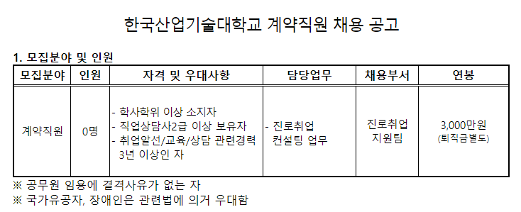  [채용][한국산업기술대학교] 계약직원 채용 공고(진로취업지원팀)