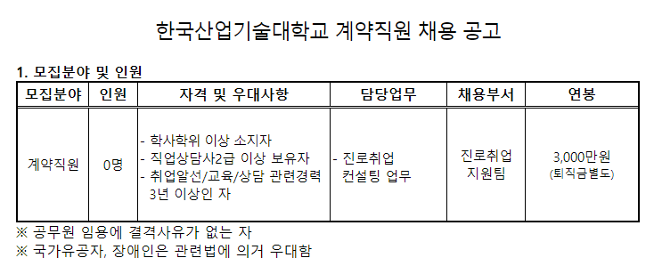 [채용][한국산업기술대학교] 계약직원 채용 공고(진로취업지원팀)