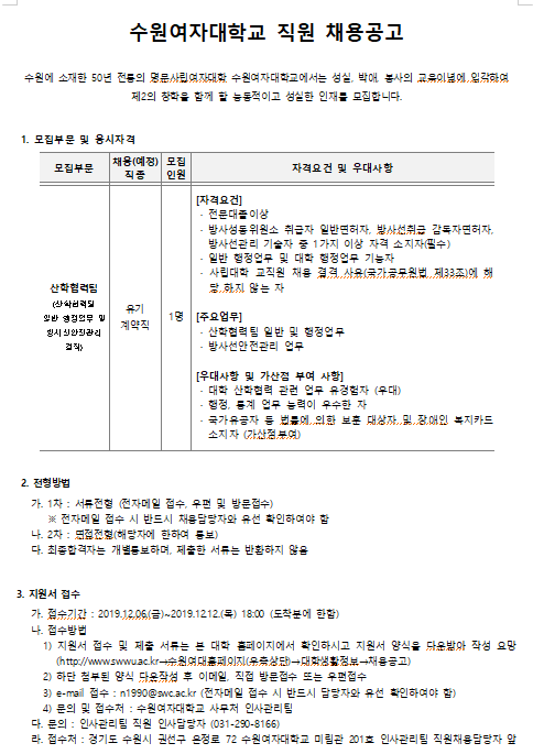 [채용][수원여자대학교] 직원 채용 공고 [산학협력팀(방사선안전관리자)]