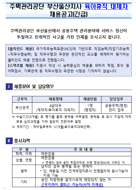  [채용][주택관리공단] 부산울산지사(부산권)신입직원(육아대체직_행정)채용공고