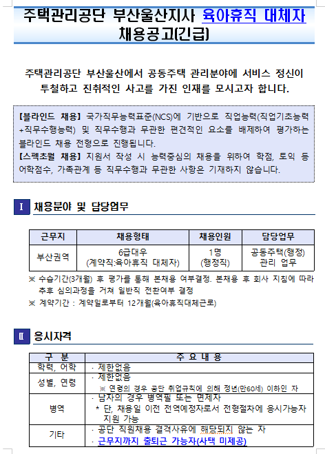 [채용][주택관리공단] 부산울산지사(부산권)신입직원(육아대체직_행정)채용공고