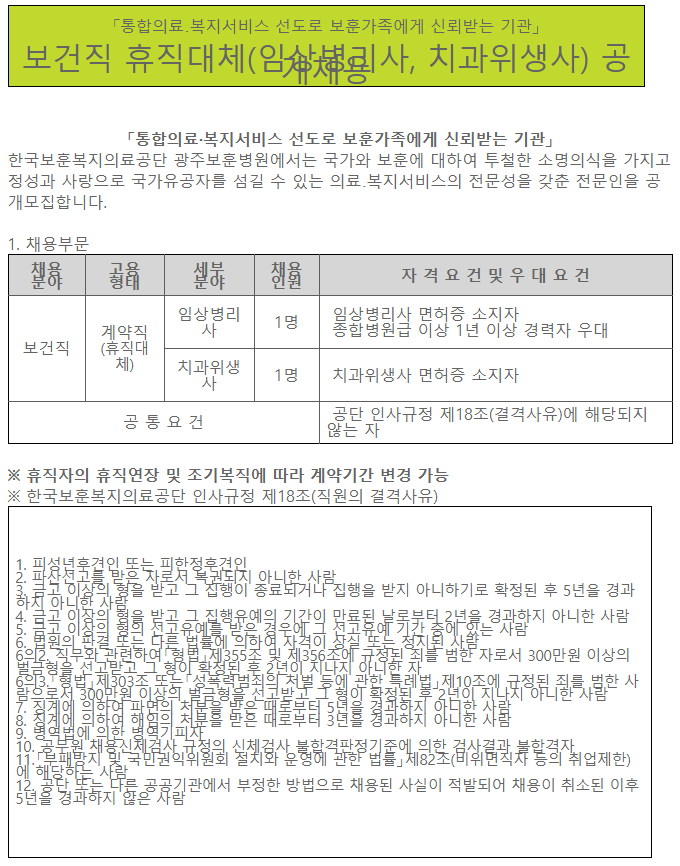  [채용][한국보훈복지의료공단] [광주보훈병원] 보건직 휴직대체(임상병리사,치과위생사) 공개채용
