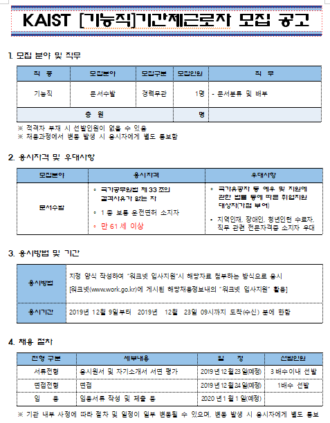  [채용][한국과학기술원] KAIST [기능직]기간제근로자 모집 공고