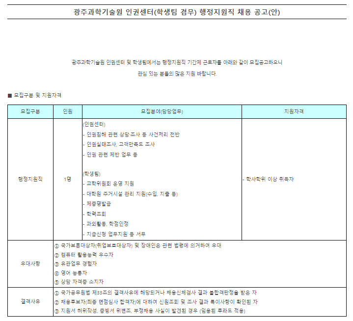  [채용][광주과학기술원] 인권센터(학생팀 겸무) 행정지원직 채용 공고