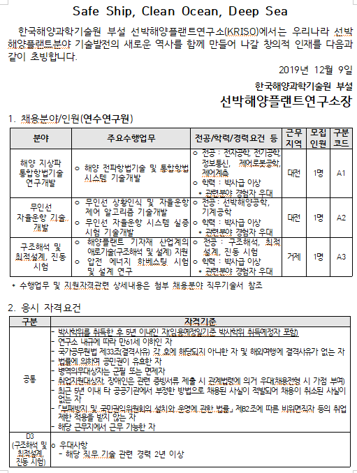  [채용][선박해양플랜트연구소] 2020년 연수연구원 공개채용