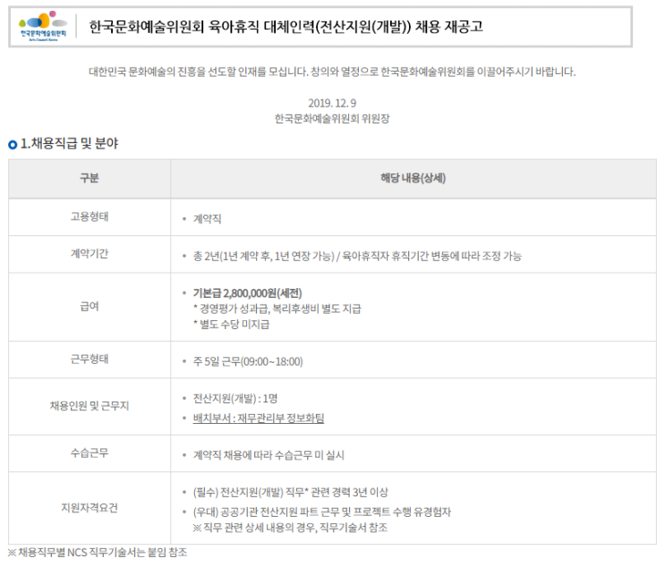  [채용][한국문화예술위원회] 육아휴직 대체인력(전산지원(개발)) 채용 재공고