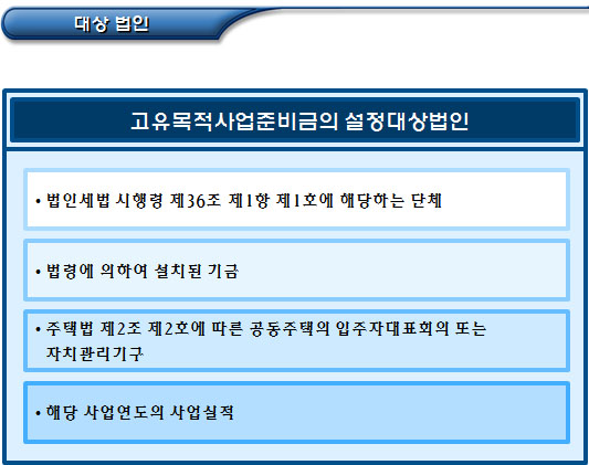 비영리법인 고유목적사업준비금 설정대상 비영리법인 고유목적사업준비금 설정대상