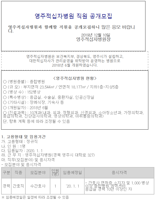  [채용][대한적십자사] [영주적십자병원] (수간호사급) 간호사 공개채용 공고