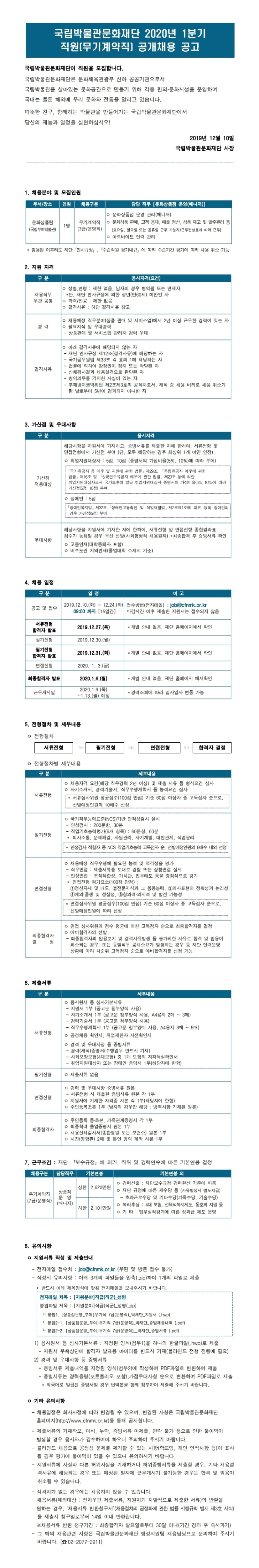  [채용][국립박물관문화재단] 2020년 1분기 직원(무기계약직) 채용 공고