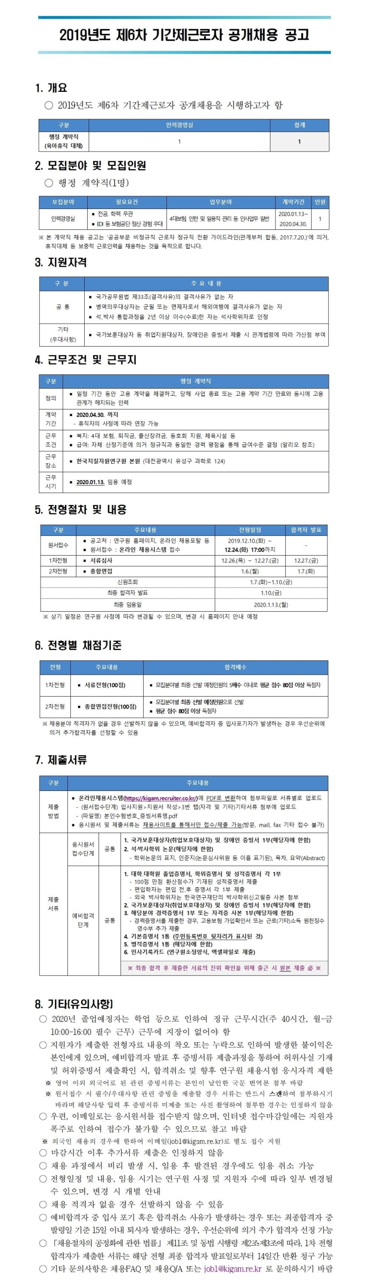  [채용][한국지질자원연구원] 2019년 제6차 기간제근로자 공개채용