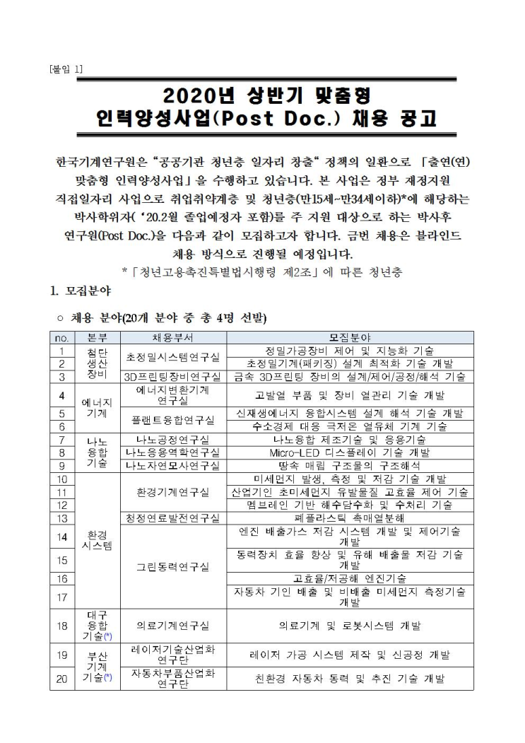  [채용][한국기계연구원] 2020년 상반기 맞춤형 인력양성사업(Post Doc.) 채용 공고