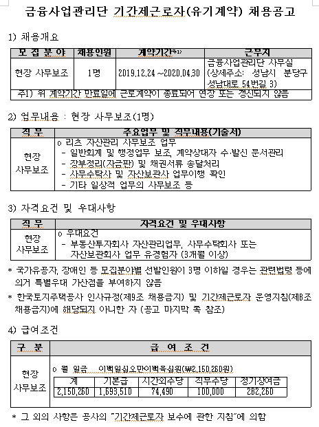  [채용][한국토지주택공사] LH 금융사업관리단 기간제 채용공고