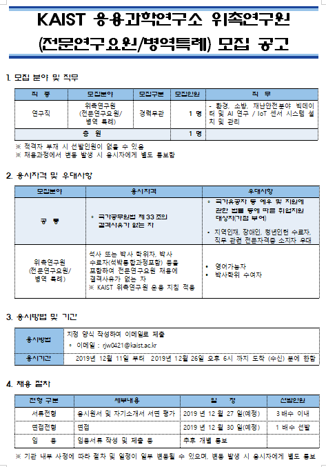  [채용][한국과학기술원] KAIST 응용과학연구소 위촉연구원 (전문연구요원/병역특례) 모집 공고