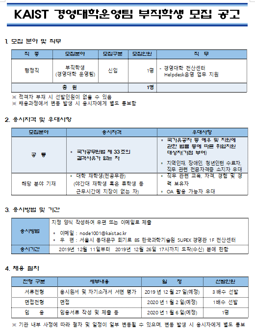  [채용][한국과학기술원] KAIST 경영대학운영팀 부직학생 모집 공고