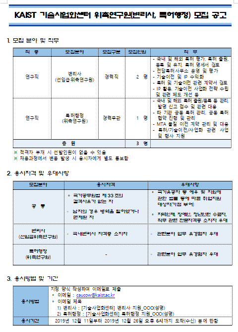 [채용][한국과학기술원] 기술사업화센터 위촉연구원(변리사, 특허행정) 모집 공고