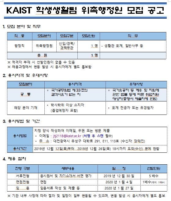  [채용][한국과학기술원] KAIST 학생생활팀 위촉행정원 모집 공고
