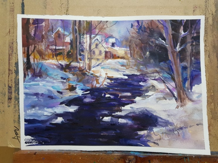 (Richard Schmid 모작) 눈과 강과 집이 있는 겨울풍경